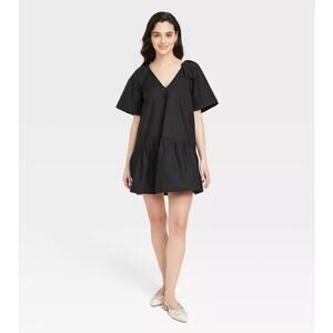 A New‎ Day Women's XL Black Flutter Short Sleeve Mini Poplin Dress Flowy